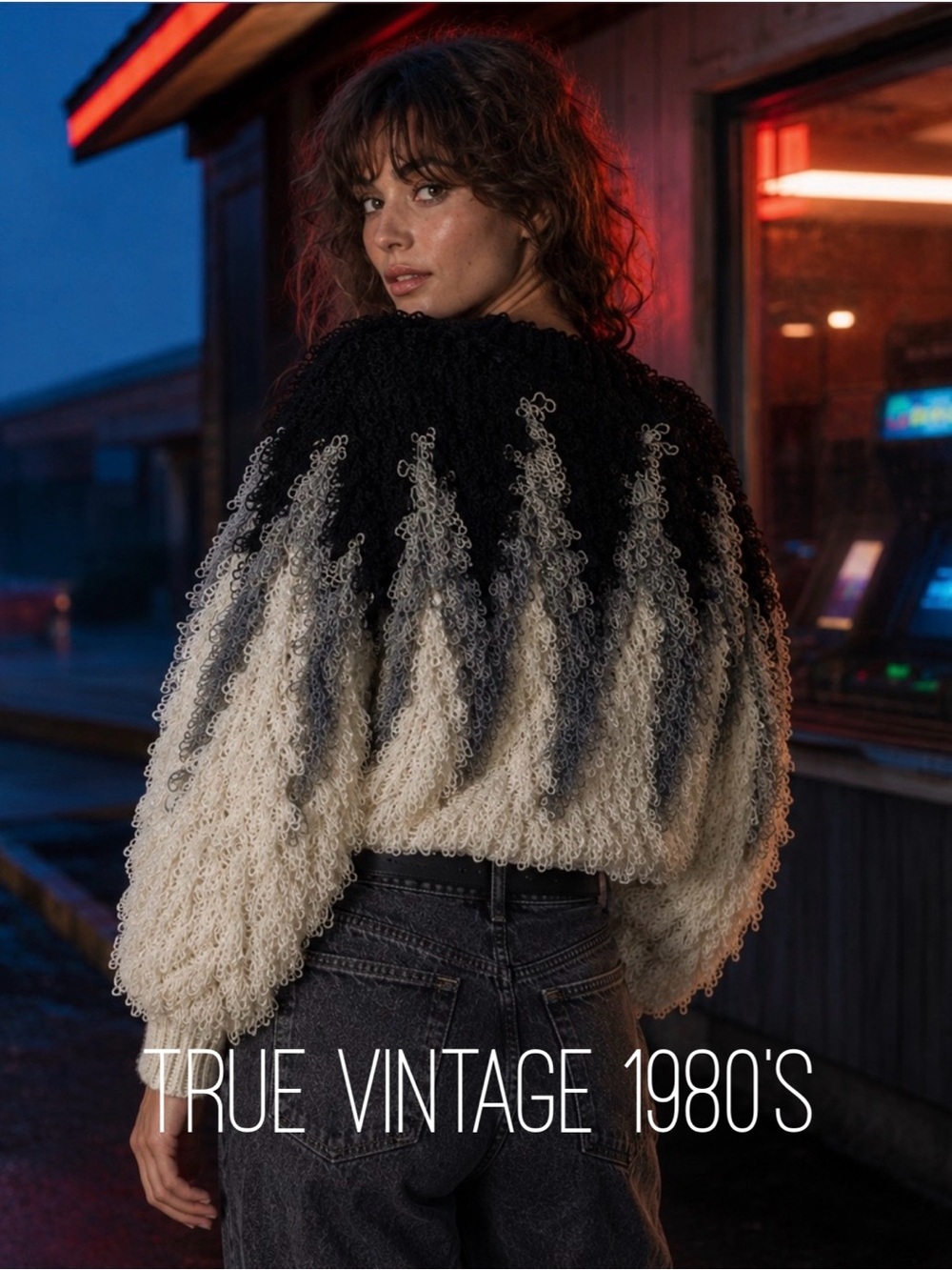 VINTAGE 80s Funky Shag Loop Knit Statement Sweater Retro Punk Artsy M Pop